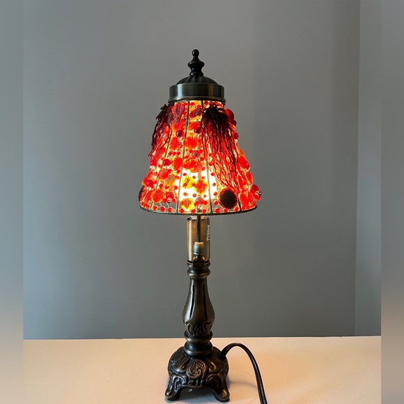 Vintage Other - Vintage Red Glass Beaded Table Lamp with Bronze Base